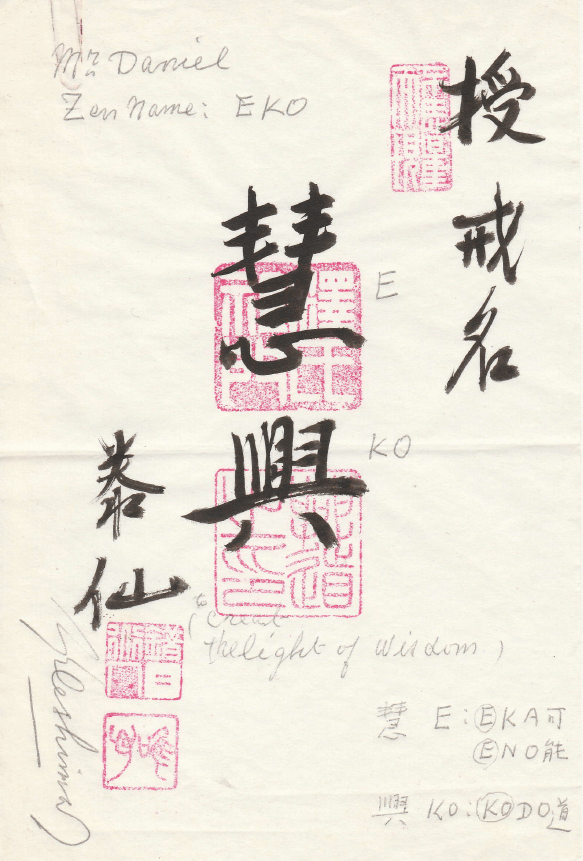 EKO nom zen donné par maîte Deshimaru à Daniel Gétault explication des kanjis japonais